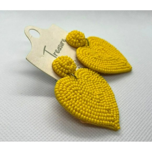 Yellow Heart Seed Bead Drop Dangling Pierced Post Earrings NWT‎ - Picture 1 of 4